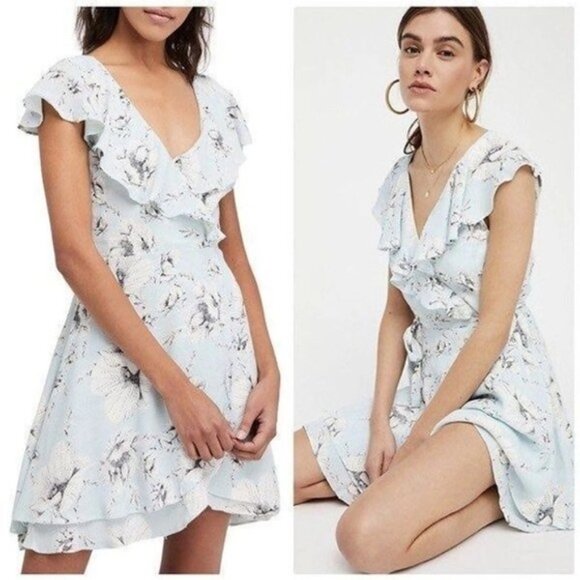 Free People | French Quarter Mint Blue & White Floral Wrap Dress Size Large - Picture 1 of 14